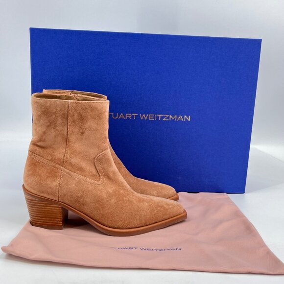 Stuart Weitzman Tate Bootie Tan Size 6 Suede Ankle Block Heel Pointed Toe Boot
